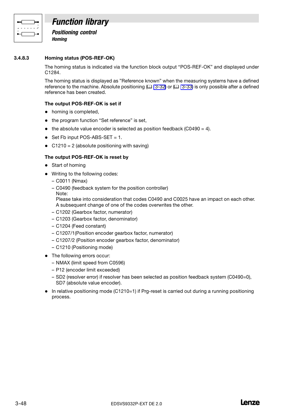 Homing status (pos-ref-ok), 3−48)) and the curr, Function library | Lenze EVS9332xP User Manual | Page 76 / 334