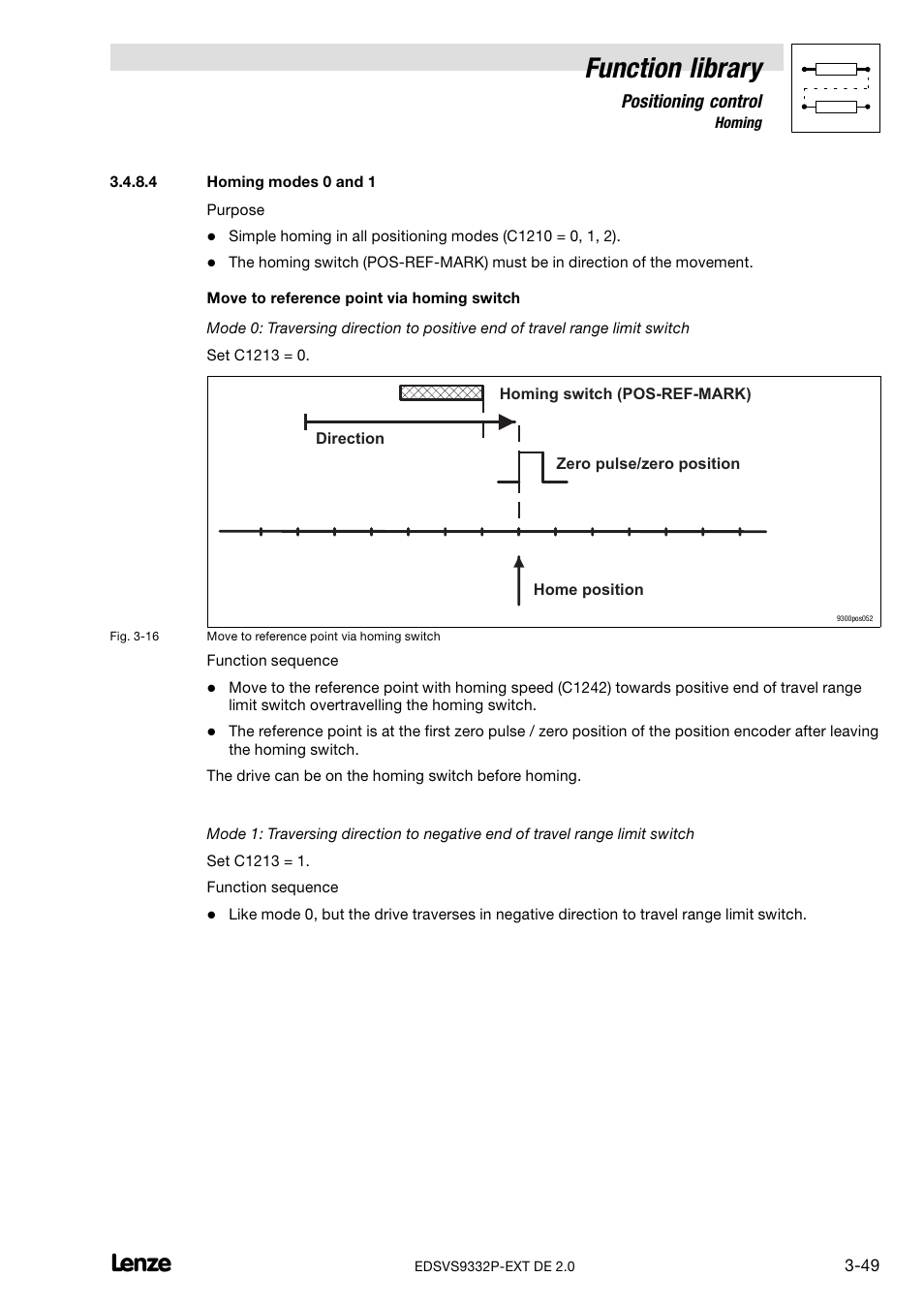 Homing modes 0 and 1, 3−49)f, Function library | Lenze EVS9332xP User Manual | Page 77 / 334