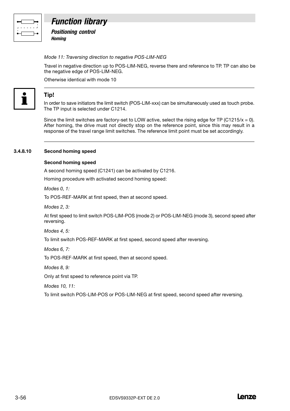 Second homing speed, Function library | Lenze EVS9332xP User Manual | Page 84 / 334