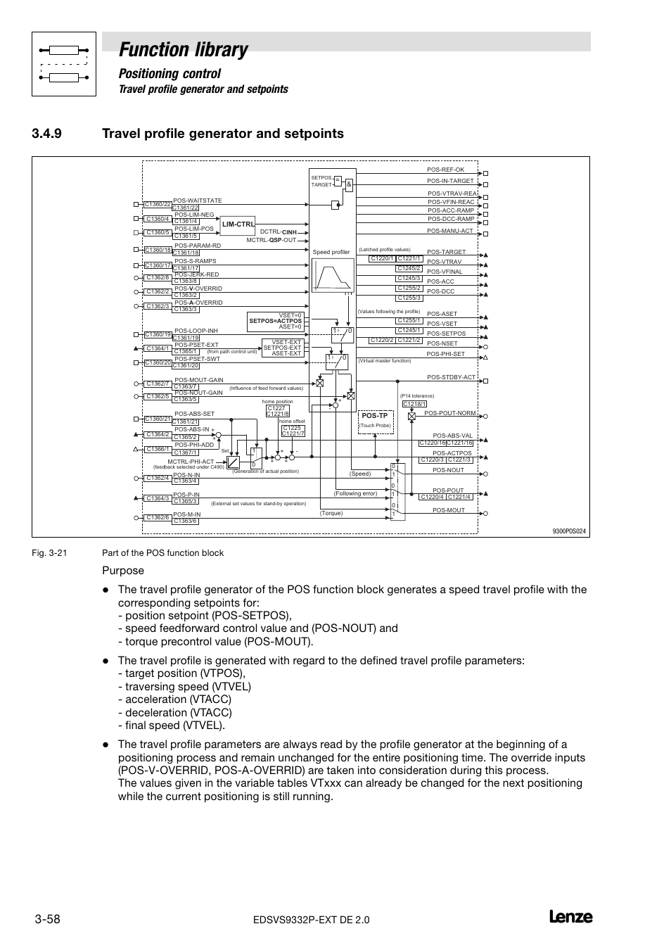 9 travel profile generator and setpoints, Travel profile generator and setpoints, Function library | Positioning control, Purpose | Lenze EVS9332xP User Manual | Page 86 / 334