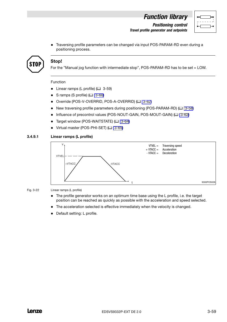 Linear ramps (l profile), Function library, Positioning control | Stop | Lenze EVS9332xP User Manual | Page 87 / 334