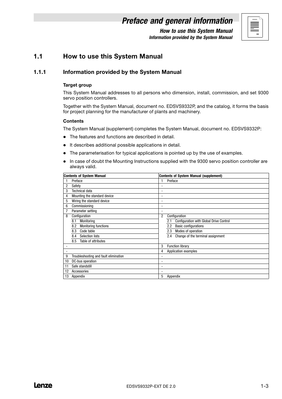 1 how to use this system manual, 1 information provided by the system manual, How to use this system manual | Information provided by the system manual, Preface and general information | Lenze EVS9332xP User Manual | Page 9 / 334