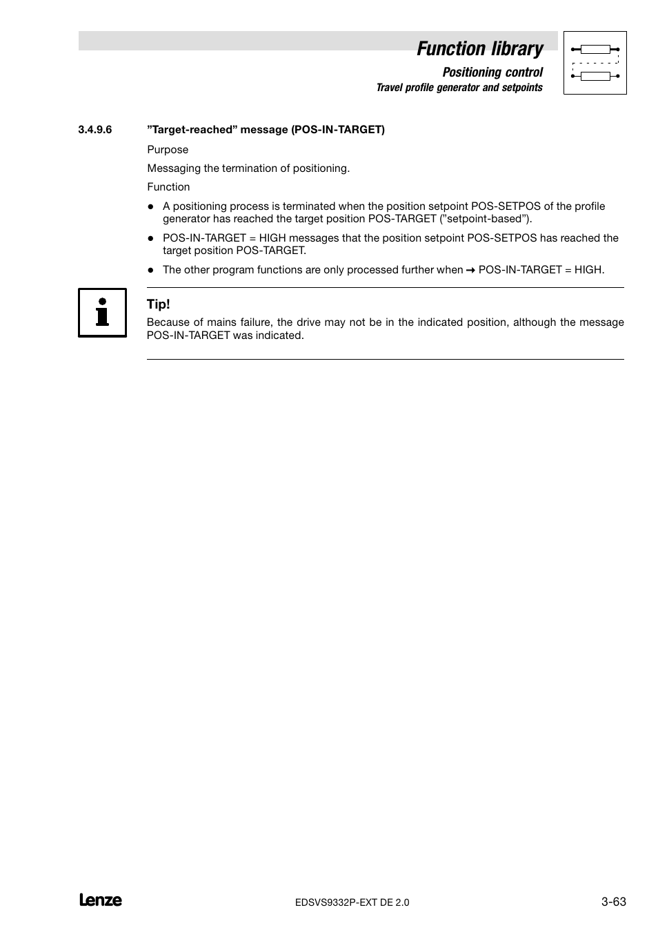 Target-reached" message (pos-in-target), Function library | Lenze EVS9332xP User Manual | Page 91 / 334