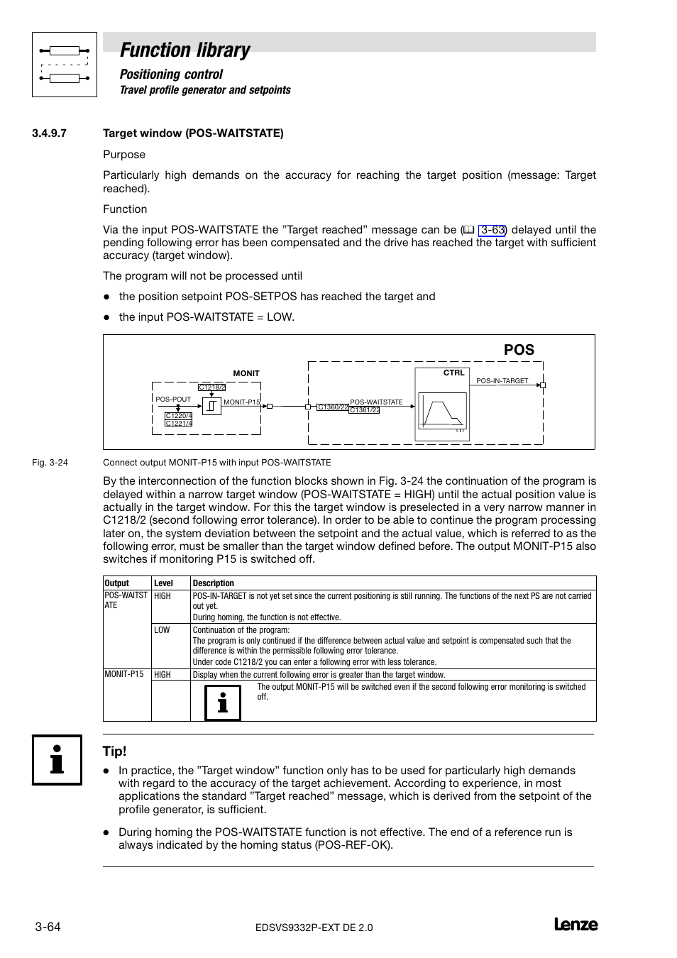 Target window (pos-waitstate), Function library, Positioning control | Lenze EVS9332xP User Manual | Page 92 / 334