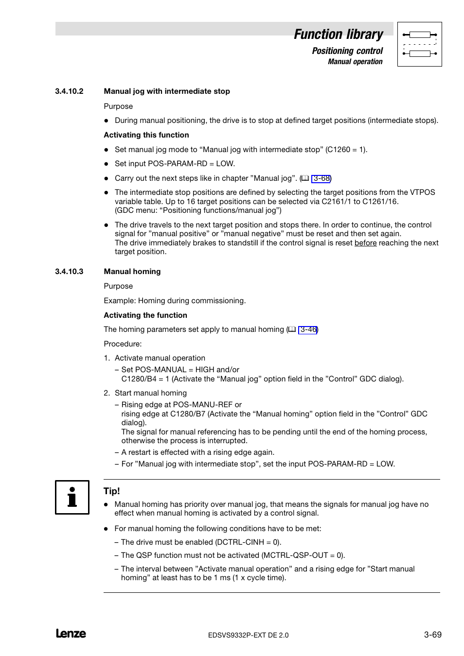 Manual jog with intermediate stop, Manual homing, Function library | Lenze EVS9332xP User Manual | Page 97 / 334