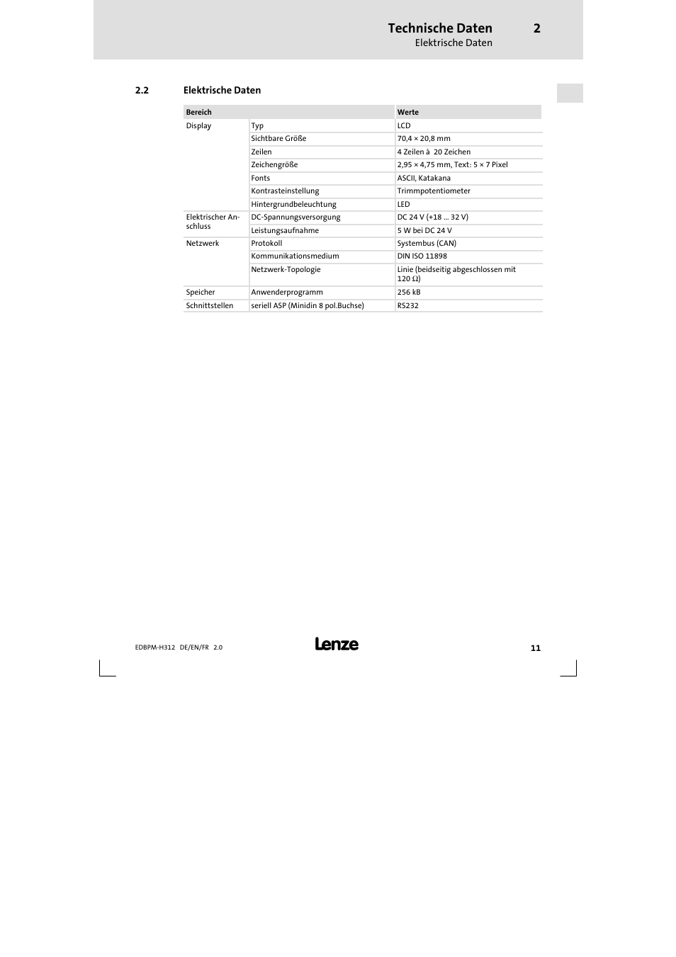 2 elektrische daten, Elektrische daten, Technische daten | Lenze EPM-H312 User Manual | Page 11 / 94