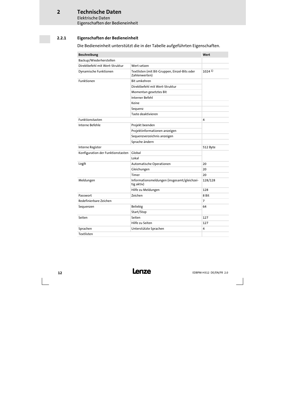 1 eigenschaften der bedieneinheit, Eigenschaften der bedieneinheit, Technische daten | Lenze EPM-H312 User Manual | Page 12 / 94