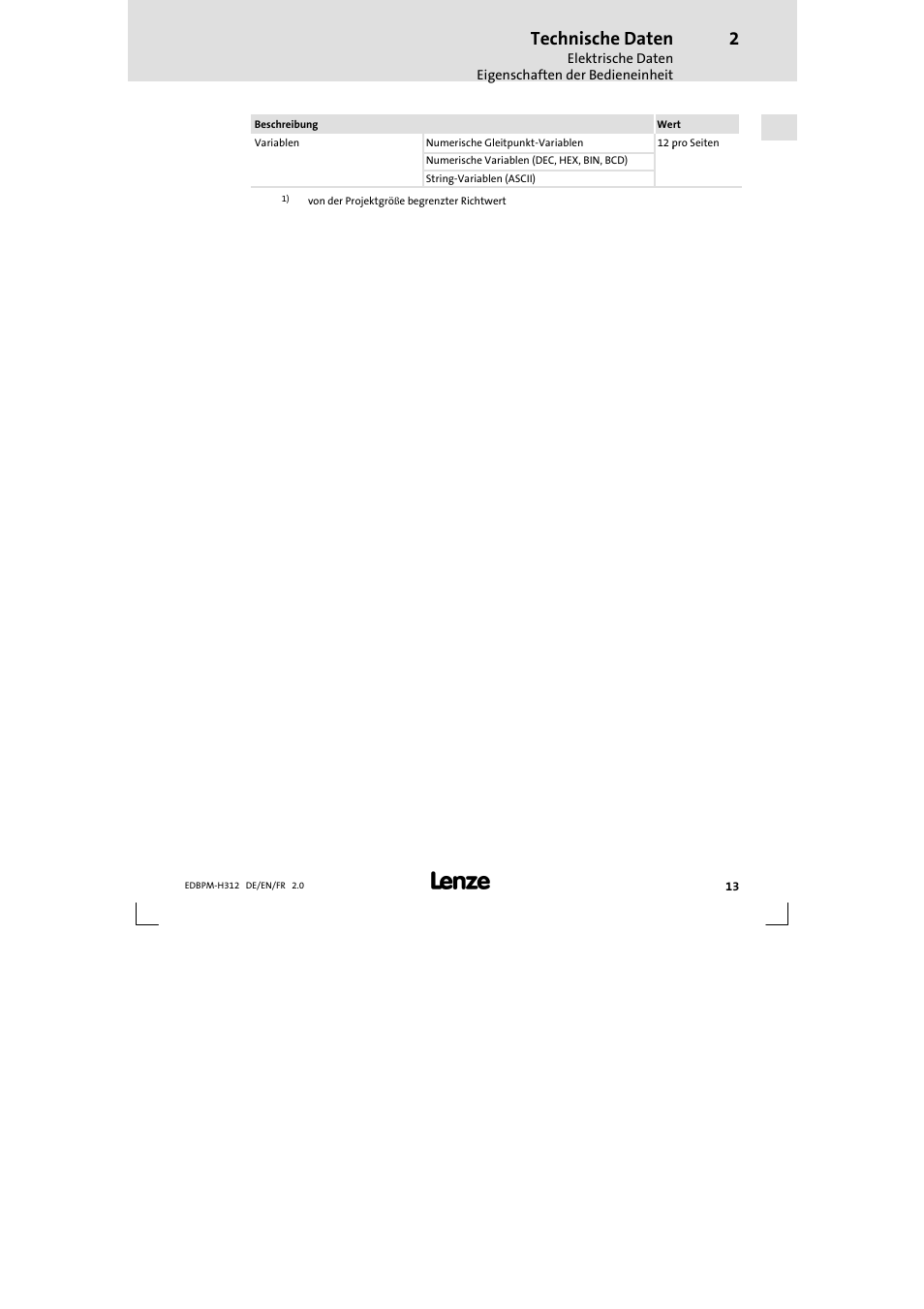 Technische daten | Lenze EPM-H312 User Manual | Page 13 / 94