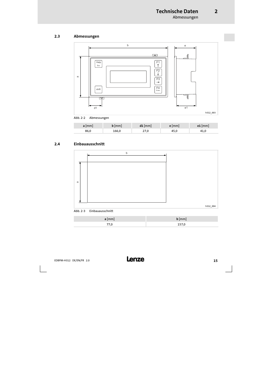 3 abmessungen, 4 einbauausschnitt, Abmessungen | Einbauausschnitt, Technische daten | Lenze EPM-H312 User Manual | Page 15 / 94
