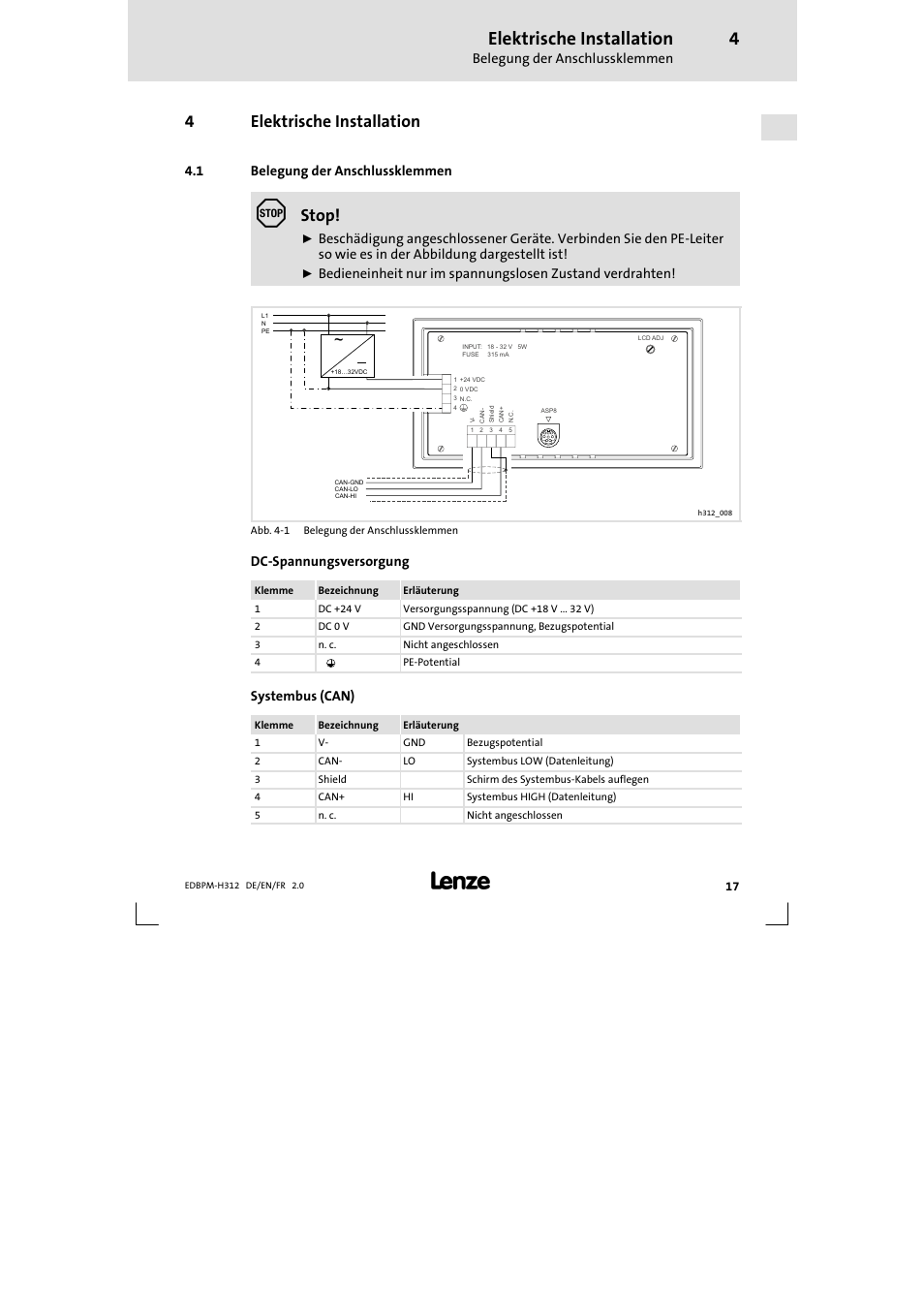 4 elektrische installation, 1 belegung der anschlussklemmen, Elektrische installation | Belegung der anschlussklemmen, 4elektrische installation, Stop | Lenze EPM-H312 User Manual | Page 17 / 94