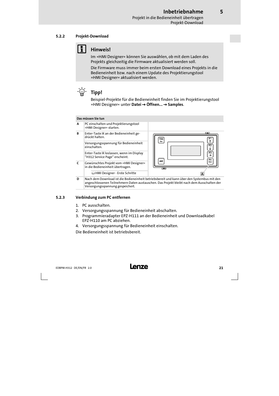 2 projekt-download, 3 verbindung zum pc entfernen, Projekt-download | Verbindung zum pc entfernen, Inbetriebnahme, Hinweis, Tipp | Lenze EPM-H312 User Manual | Page 21 / 94