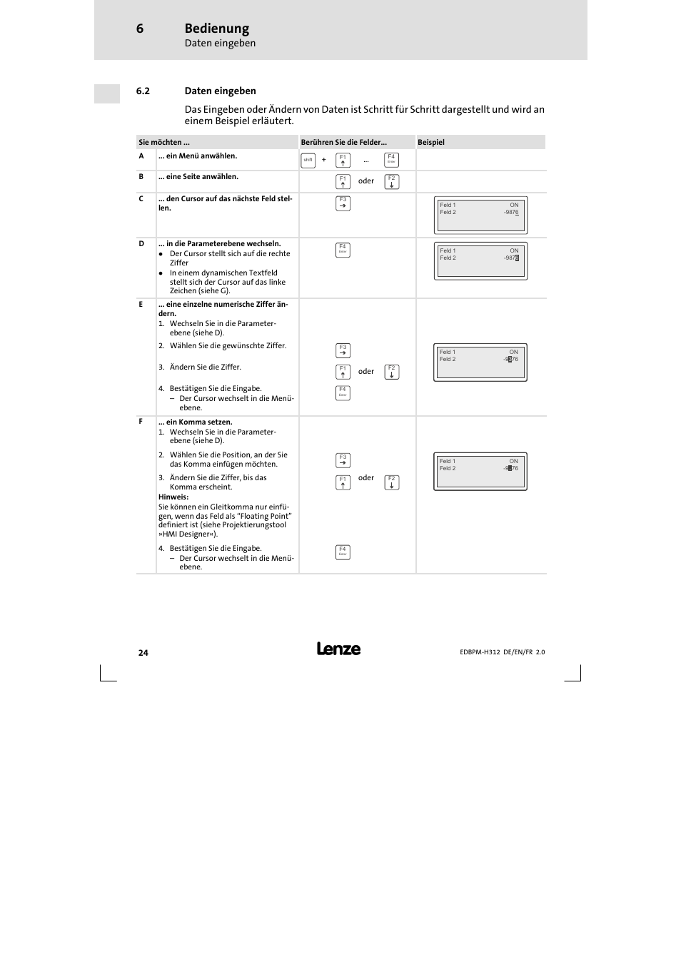 2 daten eingeben, Daten eingeben, Bedienung | Lenze EPM-H312 User Manual | Page 24 / 94