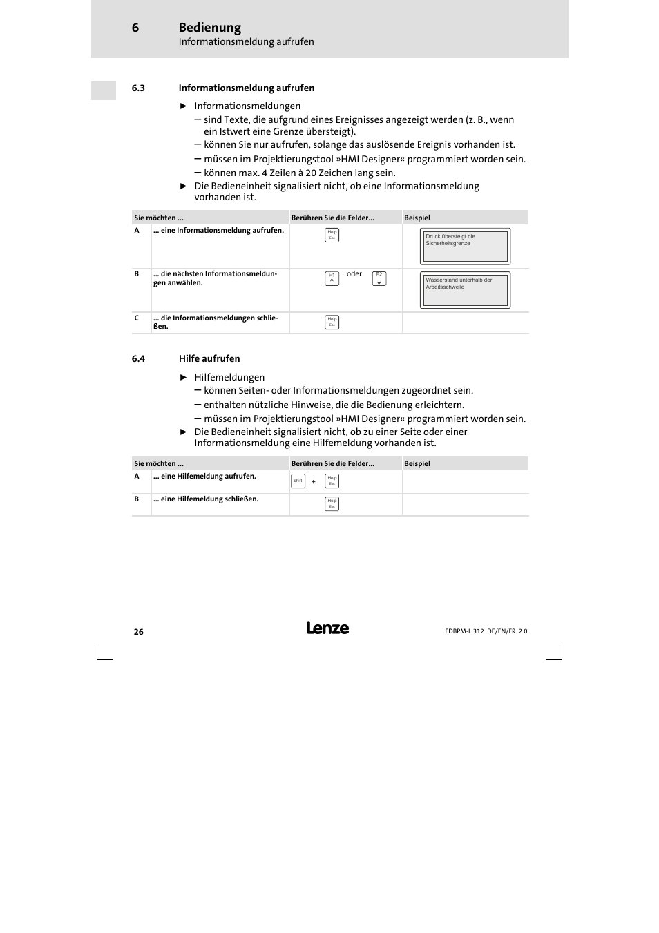 3 informationsmeldung aufrufen, 4 hilfe aufrufen, Informationsmeldung aufrufen | Hilfe aufrufen, Bedienung | Lenze EPM-H312 User Manual | Page 26 / 94
