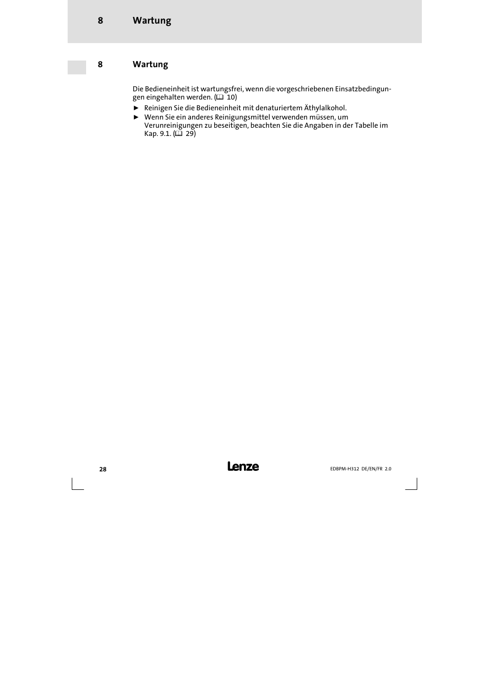 8 wartung, Wartung, Wartung 8 | Lenze EPM-H312 User Manual | Page 28 / 94