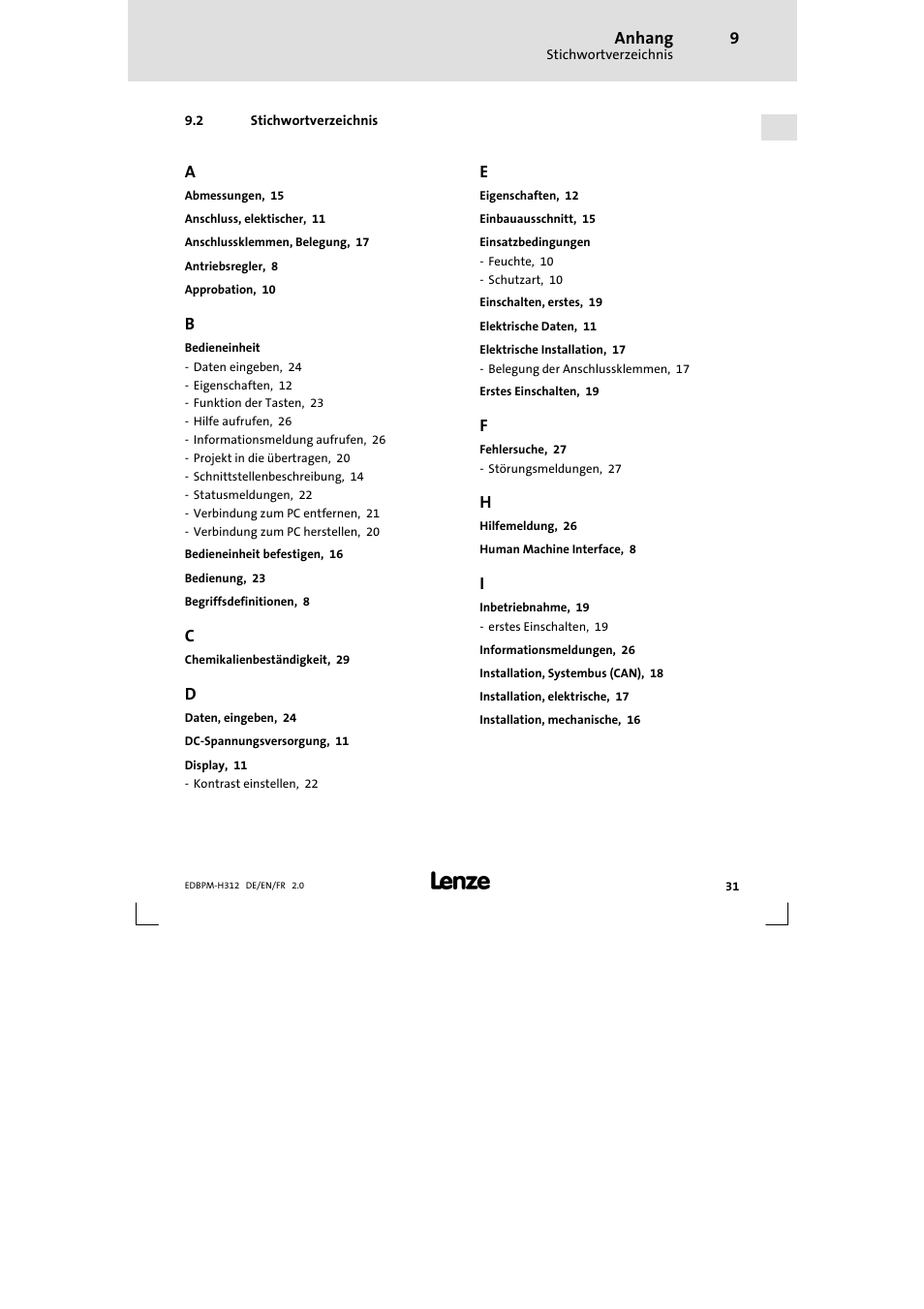 2 stichwortverzeichnis, Stichwortverzeichnis | Lenze EPM-H312 User Manual | Page 31 / 94