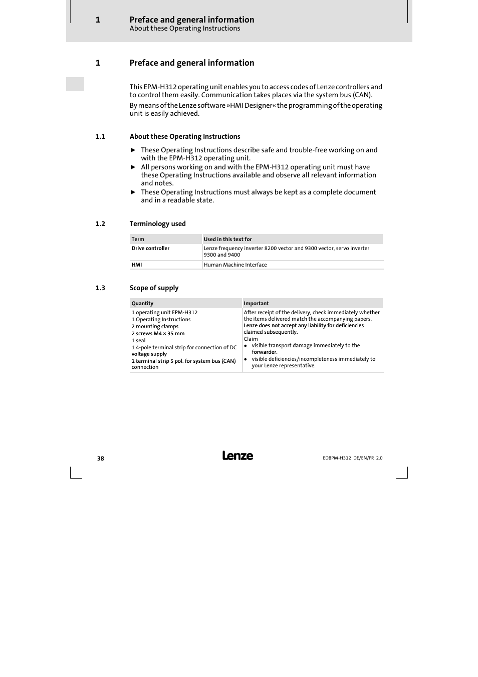 1 preface and general information, 1 about these operating instructions, 2 terminology used | 3 scope of supply, Preface and general information, About these operating instructions, Terminology used, Scope of supply, 1preface and general information | Lenze EPM-H312 User Manual | Page 38 / 94