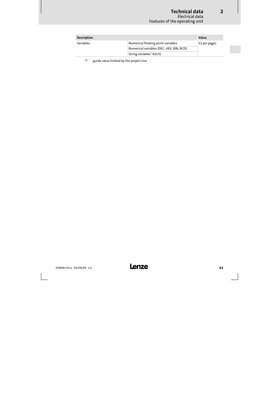 Technical data | Lenze EPM-H312 User Manual | Page 43 / 94