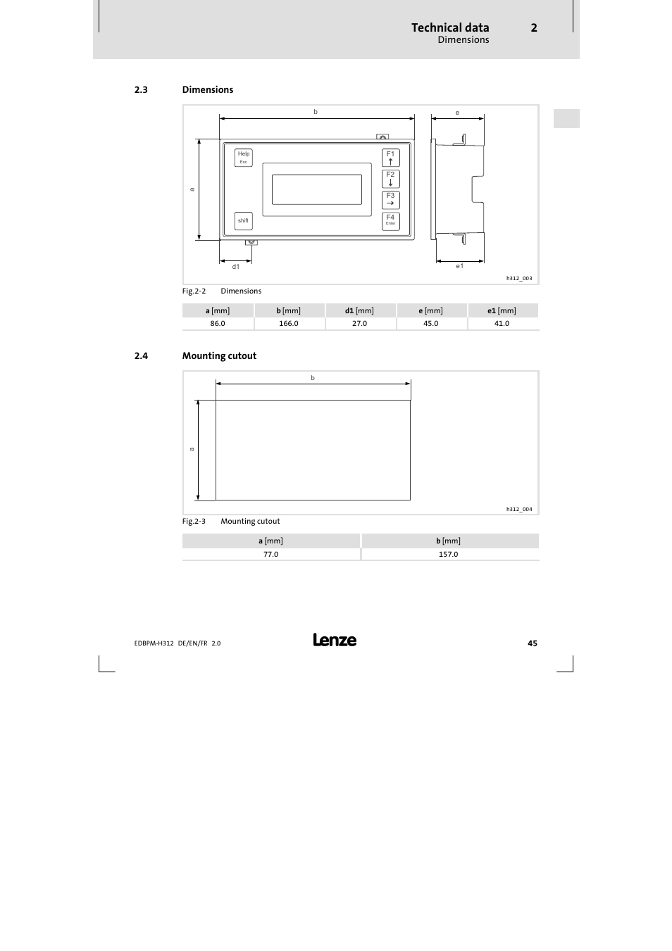 3 dimensions, 4 mounting cutout, Dimensions | Mounting cutout, Technical data | Lenze EPM-H312 User Manual | Page 45 / 94
