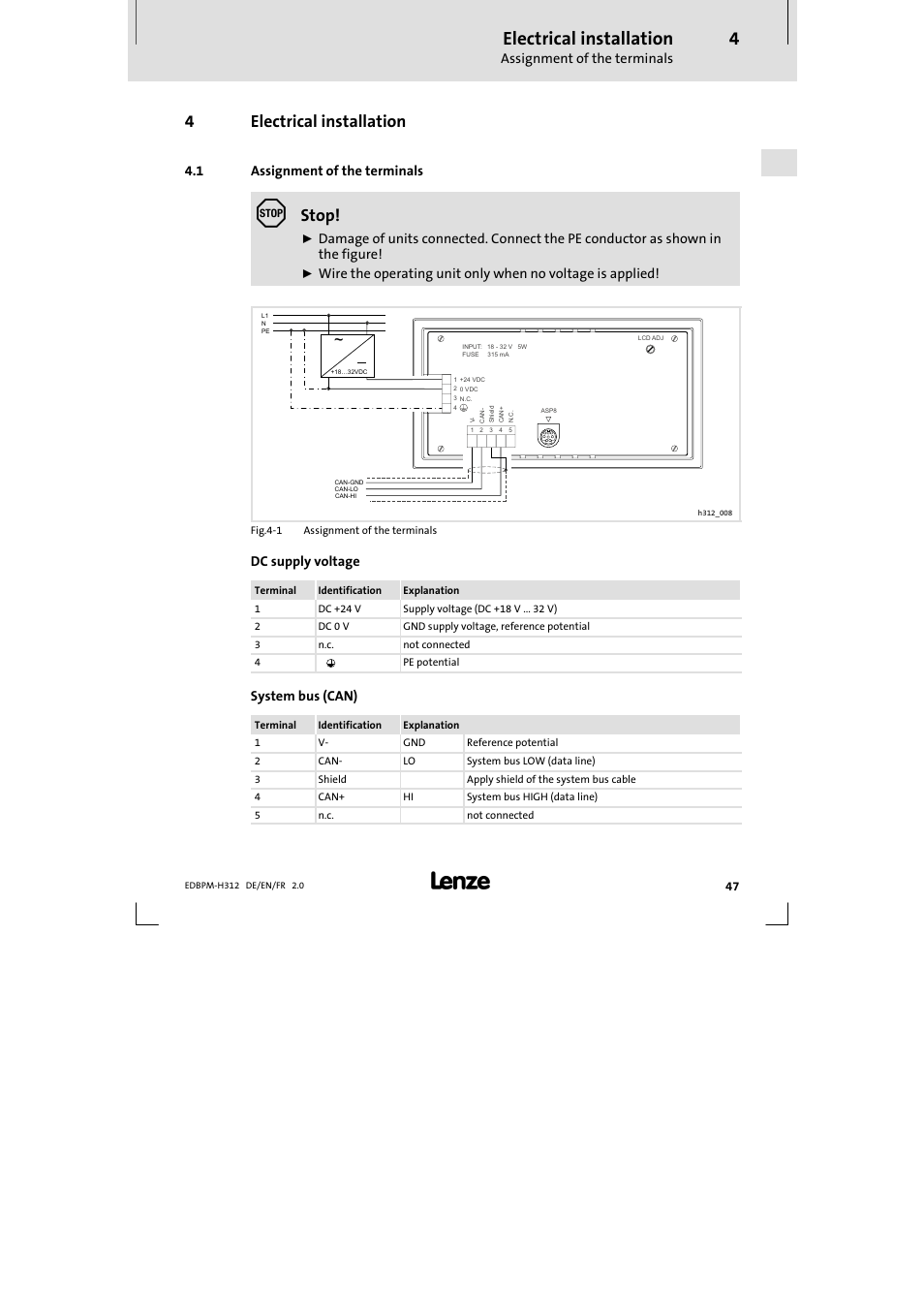 4 electrical installation, 1 assignment of the terminals, Electrical installation | Assignment of the terminals, 4electrical installation, Stop | Lenze EPM-H312 User Manual | Page 47 / 94