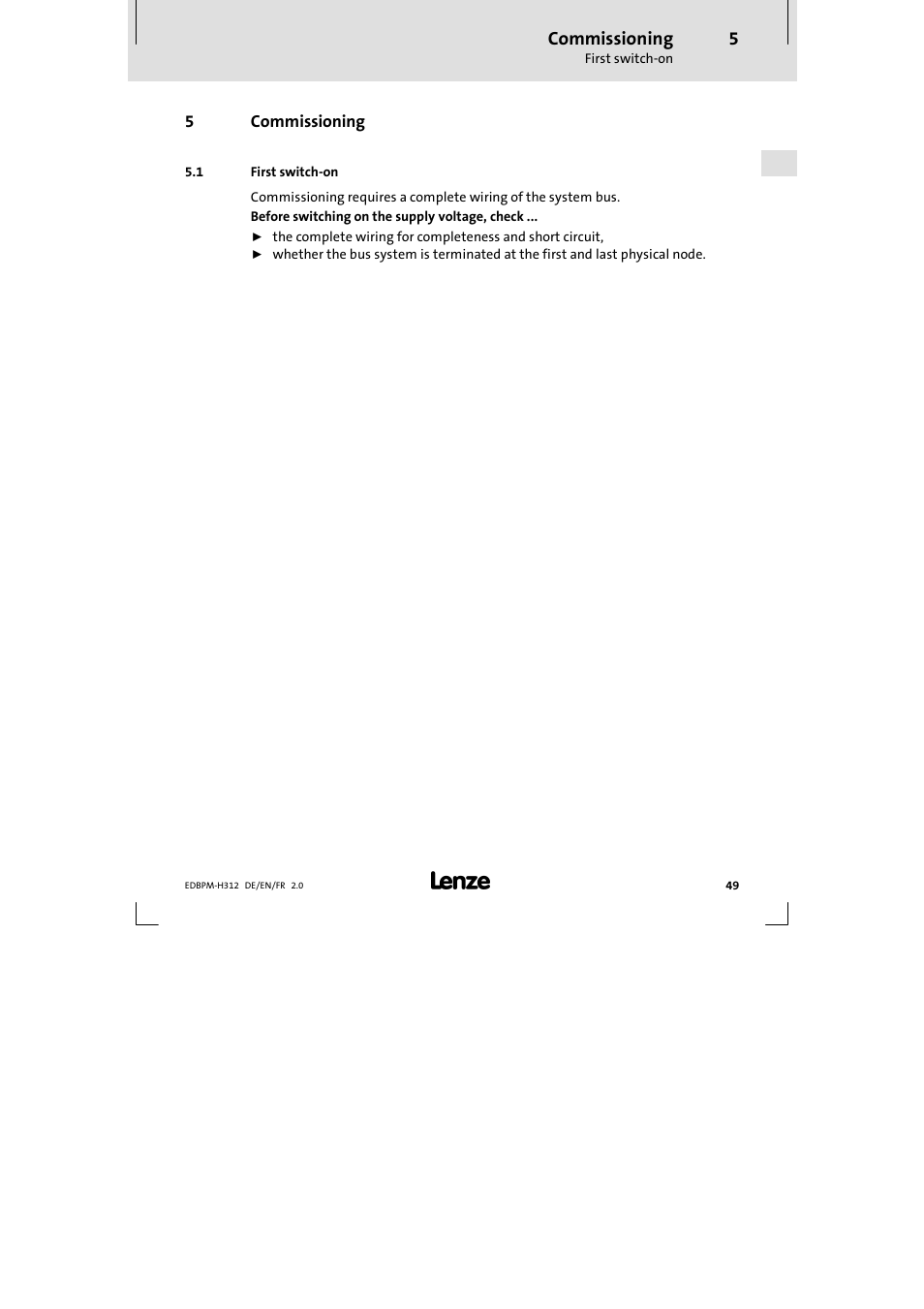 5 commissioning, 1 first switch-on, Commissioning | First switch-on | Lenze EPM-H312 User Manual | Page 49 / 94