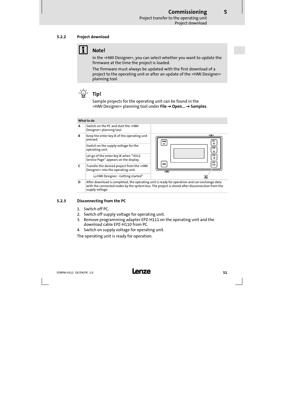 2 project download, 3 disconnecting from the pc, Project download | Disconnecting from the pc, Commissioning | Lenze EPM-H312 User Manual | Page 51 / 94
