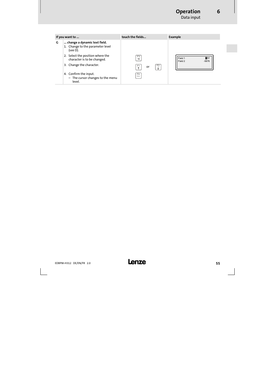 Operation, Data input | Lenze EPM-H312 User Manual | Page 55 / 94