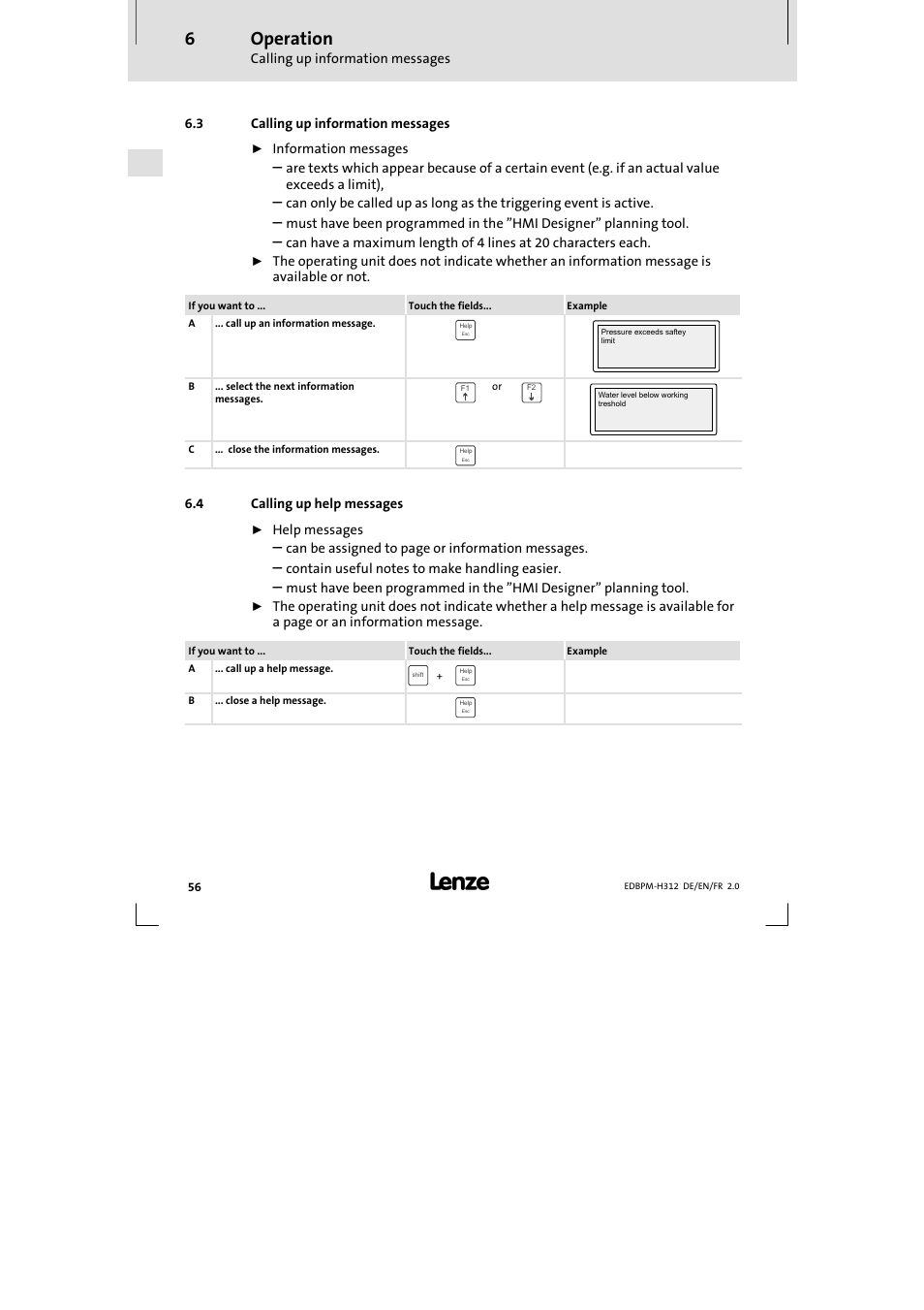 3 calling up information messages, 4 calling up help messages, Calling up information messages | Calling up help messages, Operation | Lenze EPM-H312 User Manual | Page 56 / 94