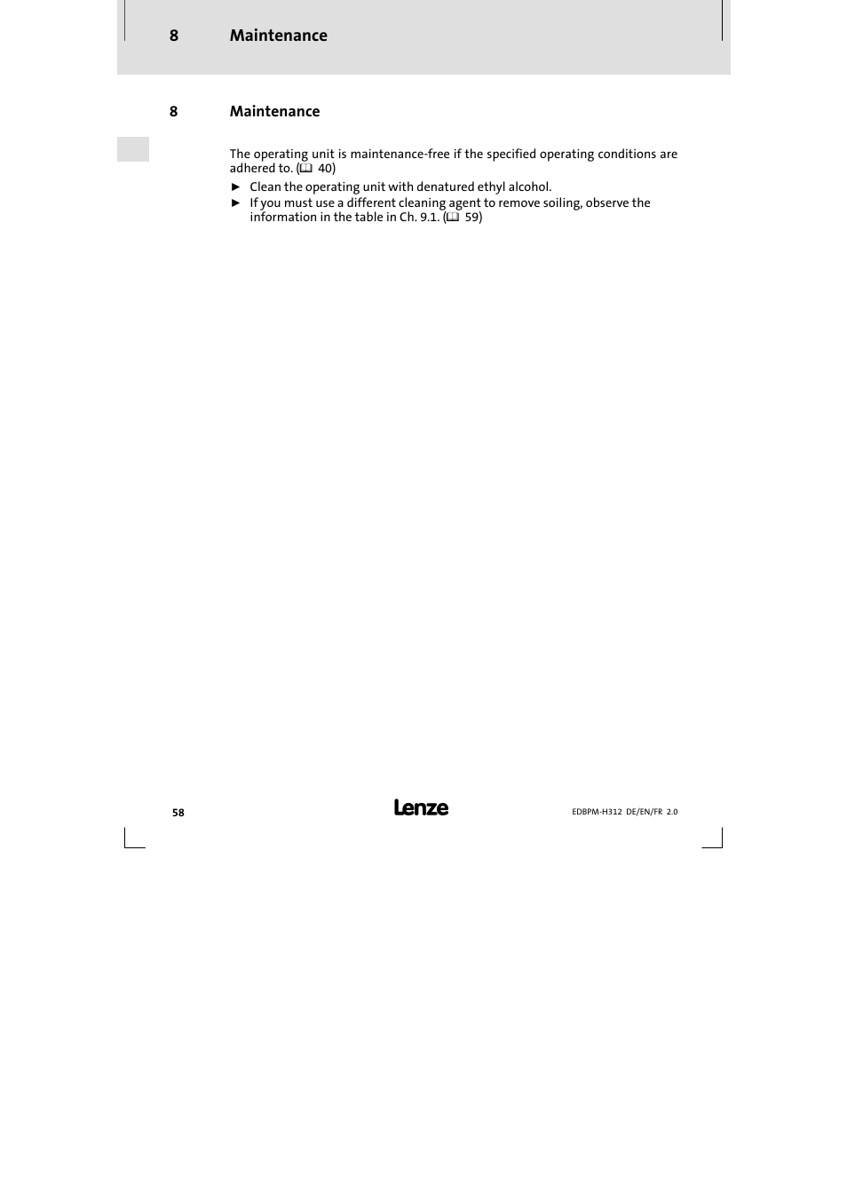8 maintenance, Maintenance, Maintenance 8 | Lenze EPM-H312 User Manual | Page 58 / 94