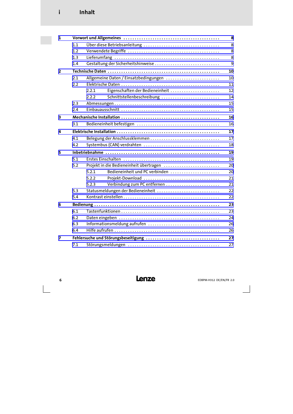 Inhalt, Inhalt i | Lenze EPM-H312 User Manual | Page 6 / 94