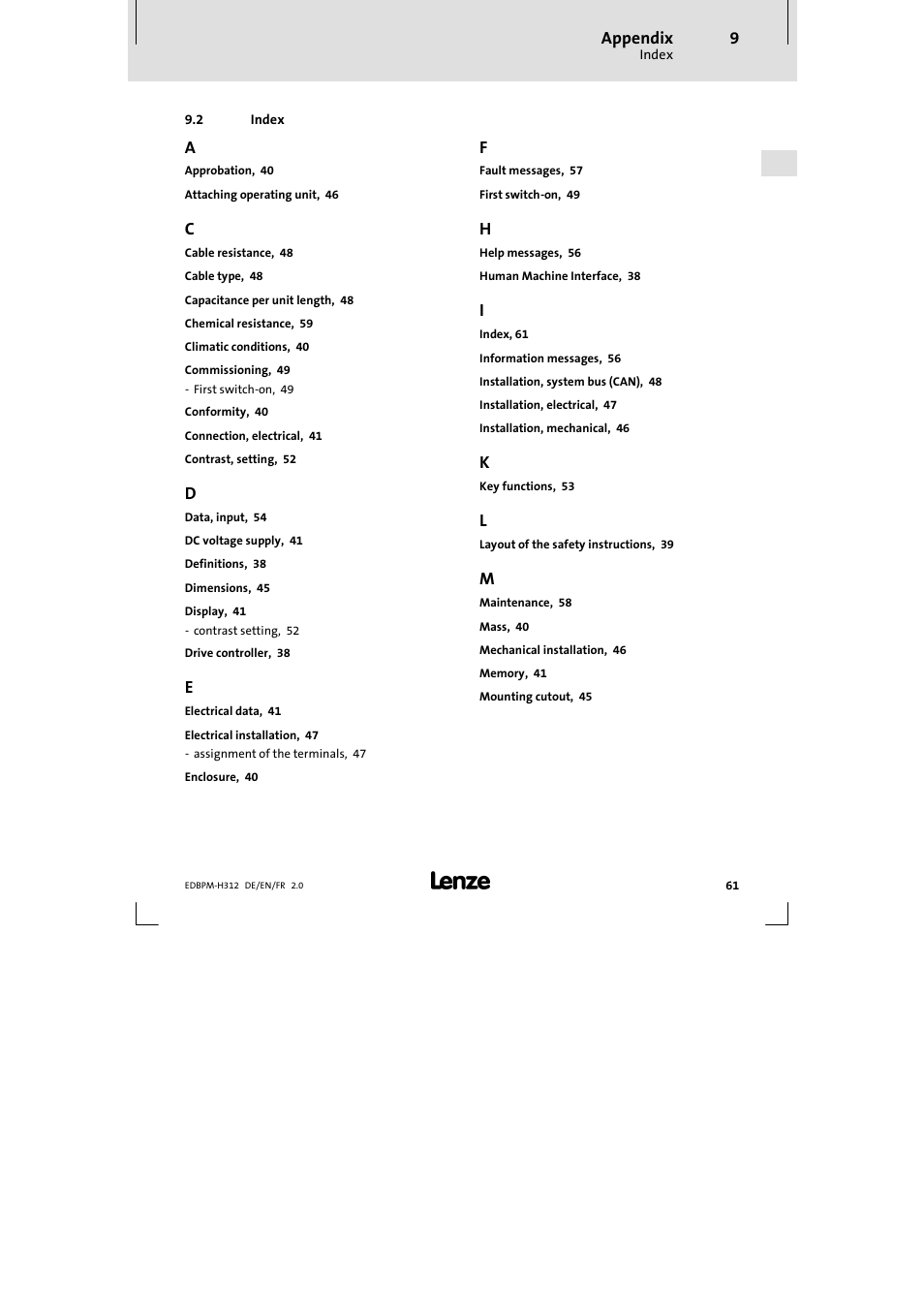 2 index, Index | Lenze EPM-H312 User Manual | Page 61 / 94