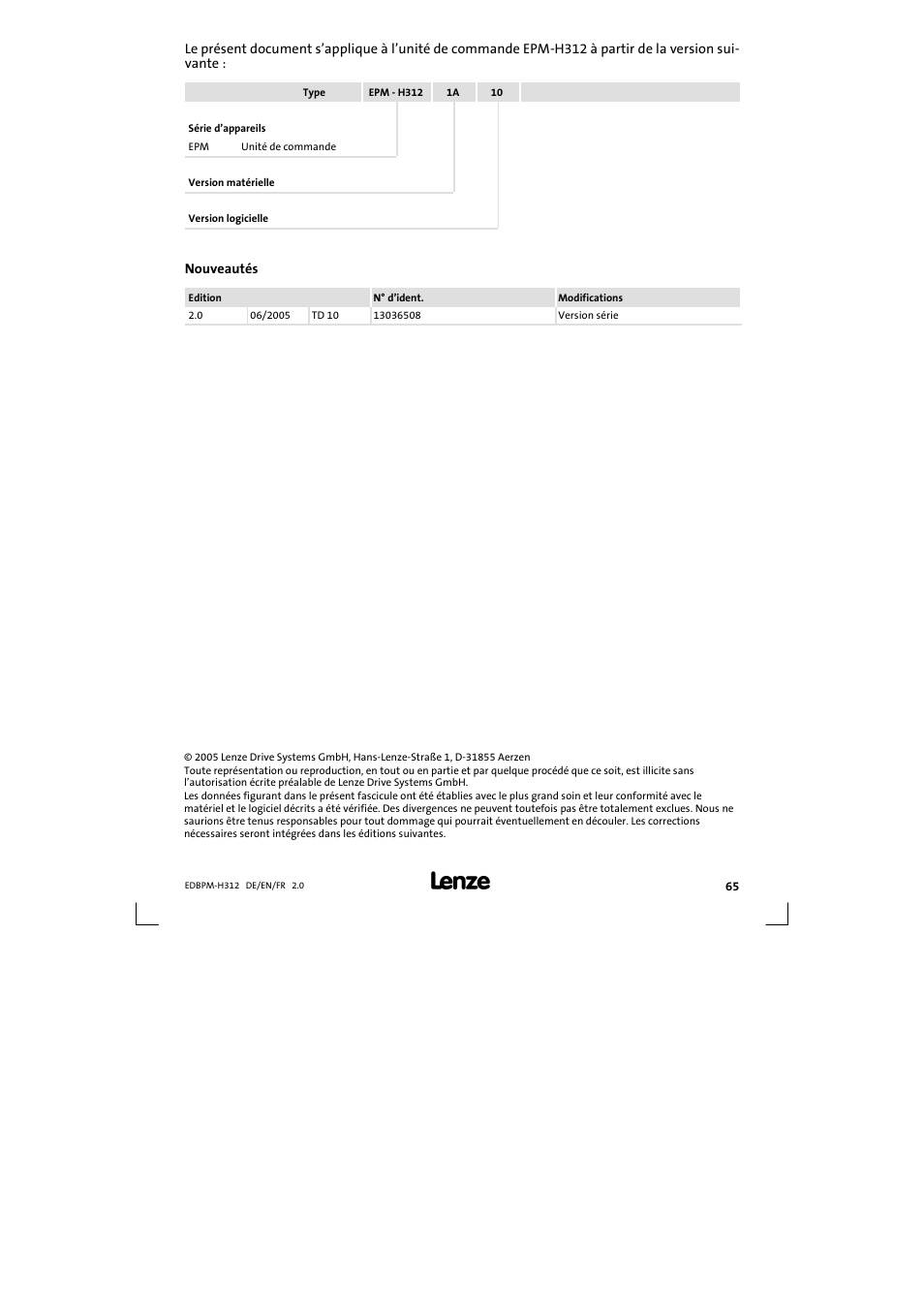 Le présent document s'applique à | Lenze EPM-H312 User Manual | Page 65 / 94