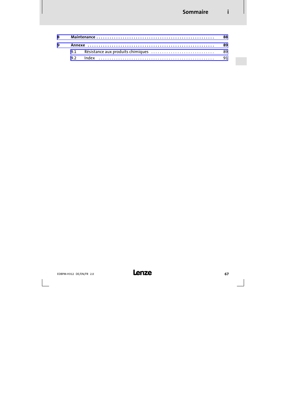 Sommaire i | Lenze EPM-H312 User Manual | Page 67 / 94