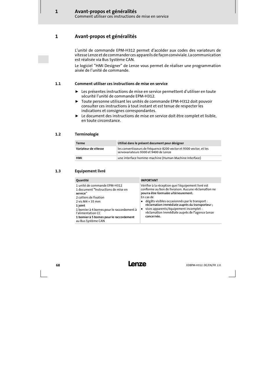 1 avant-propos et généralités, 2 terminologie, 3 equipement livré | Avant-propos et généralités, Terminologie, Equipement livré, 1avant-propos et généralités | Lenze EPM-H312 User Manual | Page 68 / 94