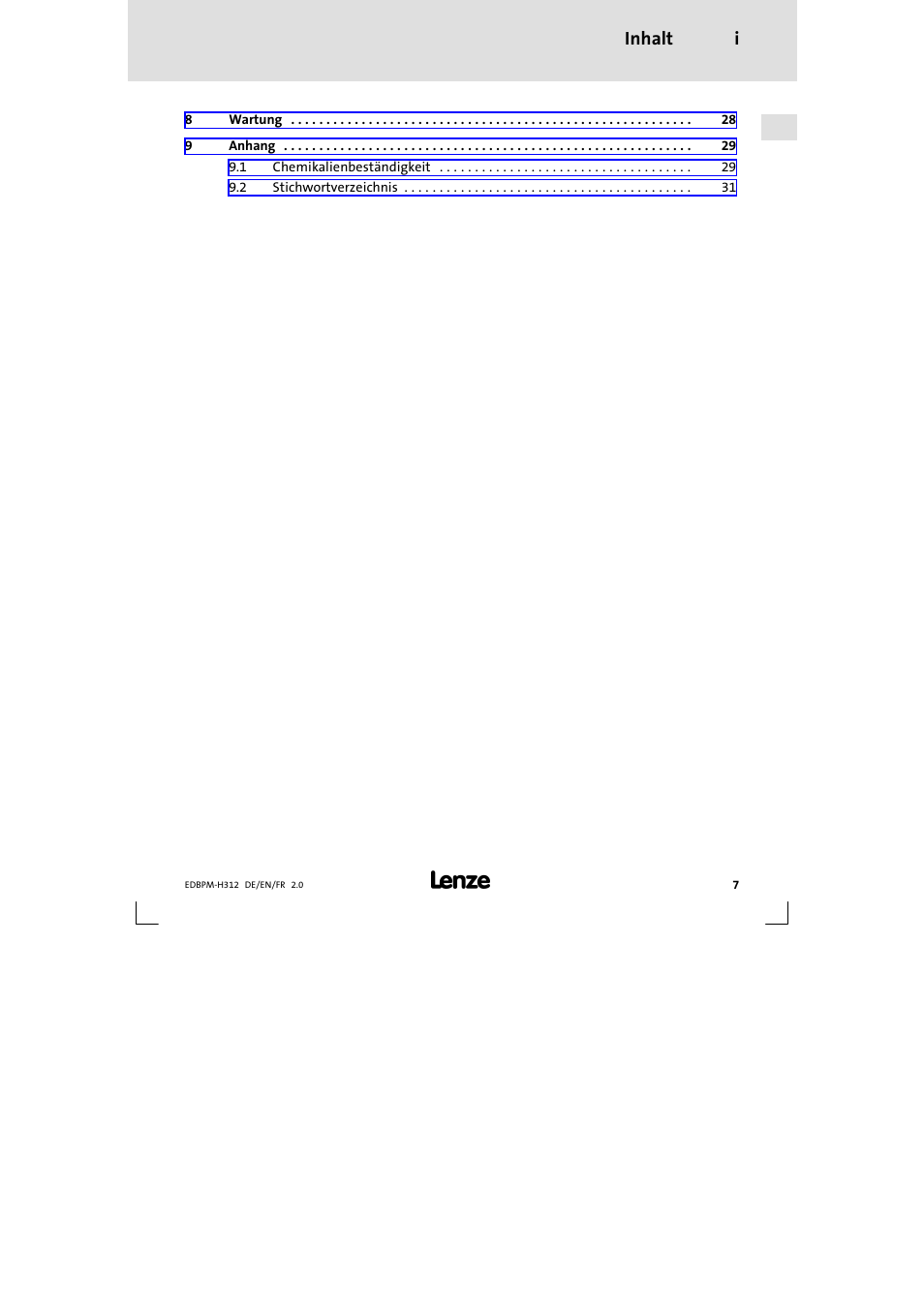 Inhalt i | Lenze EPM-H312 User Manual | Page 7 / 94