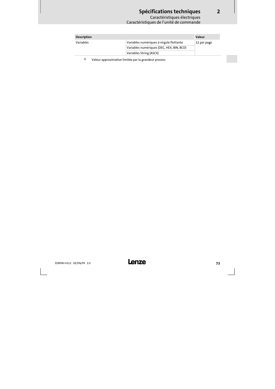 Spécifications techniques | Lenze EPM-H312 User Manual | Page 73 / 94