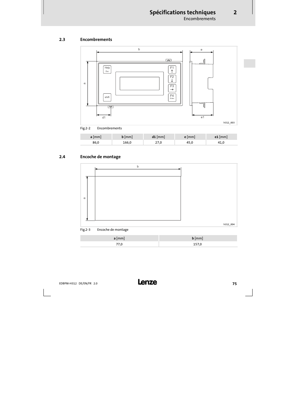 3 encombrements, 4 encoche de montage, Encombrements | Encoche de montage, Spécifications techniques | Lenze EPM-H312 User Manual | Page 75 / 94
