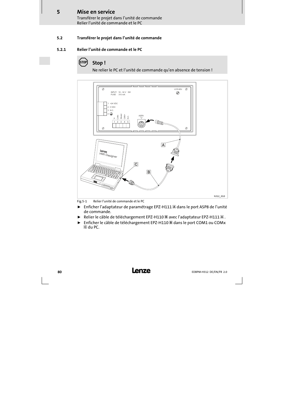 2 transférer le projet dans l'unité de commande, 1 relier l'unité de commande et le pc, Transférer le projet dans l’unité de commande | Relier l’unité de commande et le pc, Mise en service, Stop | Lenze EPM-H312 User Manual | Page 80 / 94