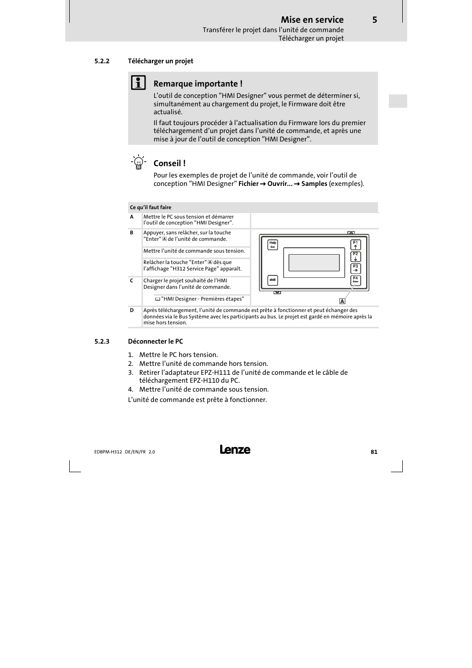 2 télécharger un projet, 3 déconnecter le pc, Télécharger un projet | Déconnecter le pc, Mise en service, Remarque importante, Conseil | Lenze EPM-H312 User Manual | Page 81 / 94