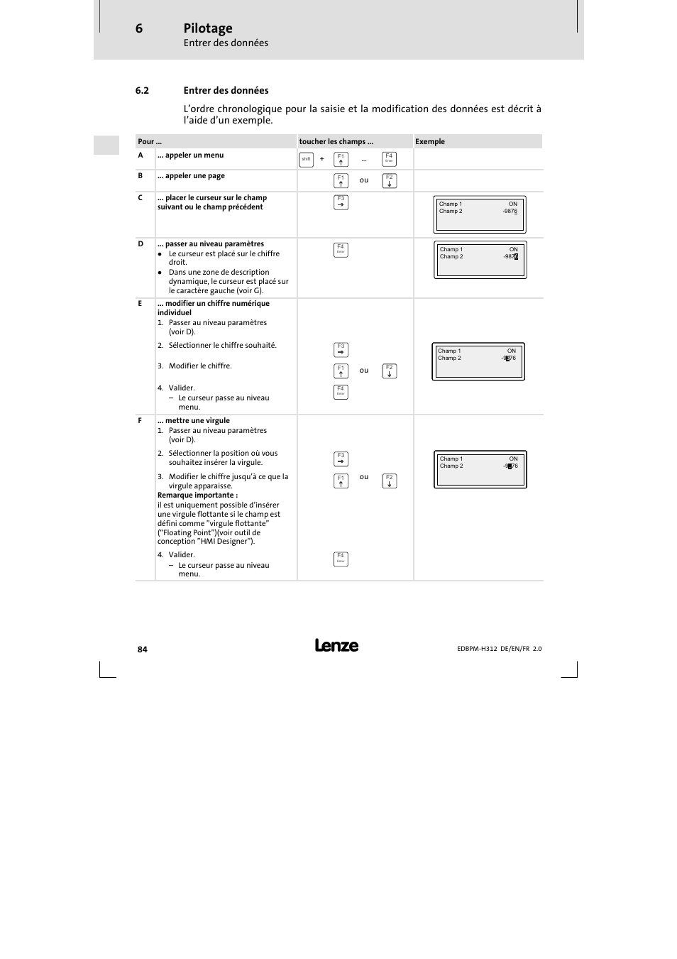 2 entrer des données, Entrer des données, Pilotage | Lenze EPM-H312 User Manual | Page 84 / 94