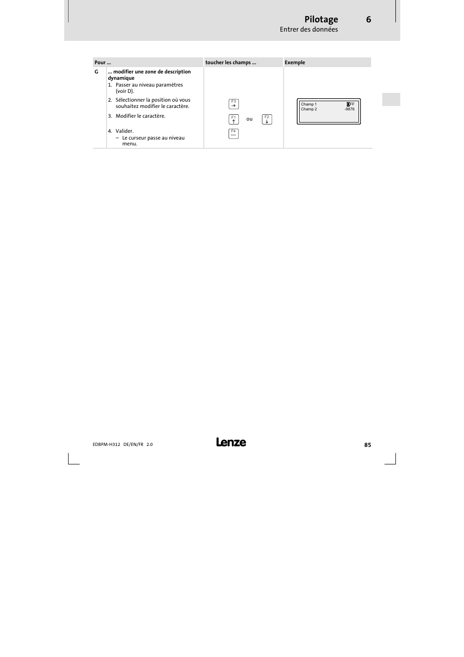 Pilotage, Entrer des données | Lenze EPM-H312 User Manual | Page 85 / 94
