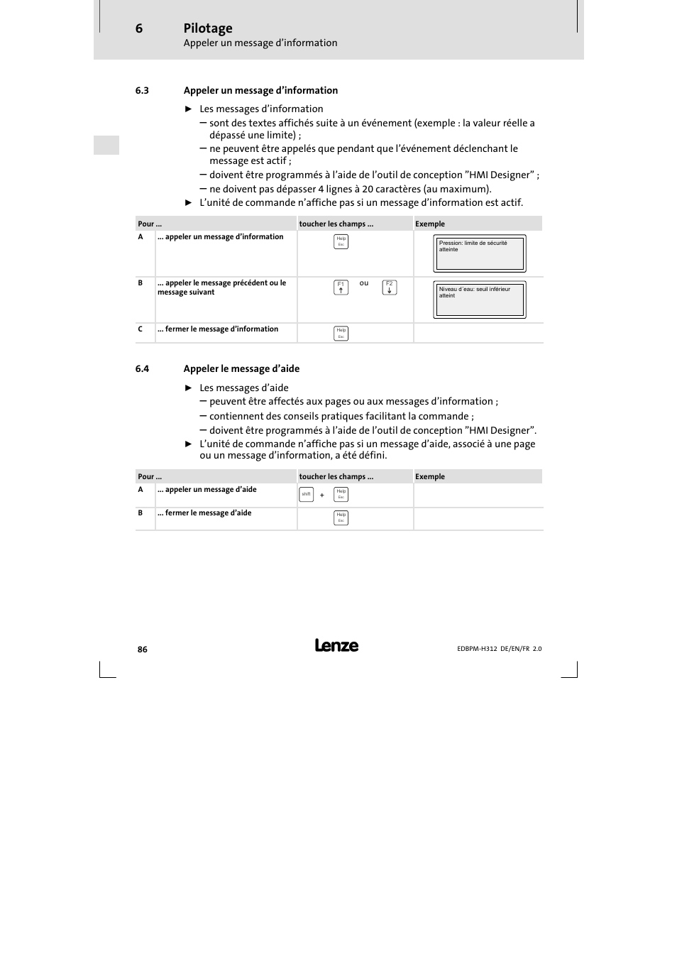 3 appeler un message d'information, 4 appeler le message d'aide, Appeler un message d’information | Appeler le message d’aide, Pilotage | Lenze EPM-H312 User Manual | Page 86 / 94