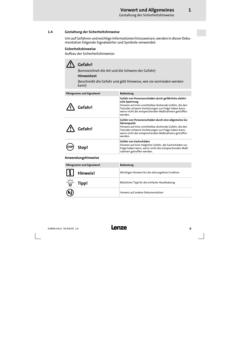 4 gestaltung der sicherheitshinweise, Gestaltung der sicherheitshinweise | Lenze EPM-H312 User Manual | Page 9 / 94