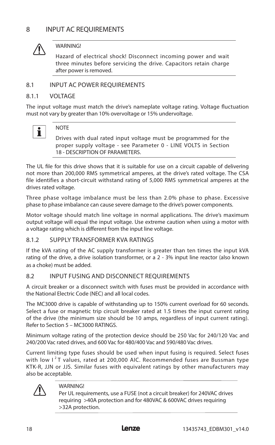 8input ac requirements | Lenze MC3000 Series User Manual | Page 22 / 84