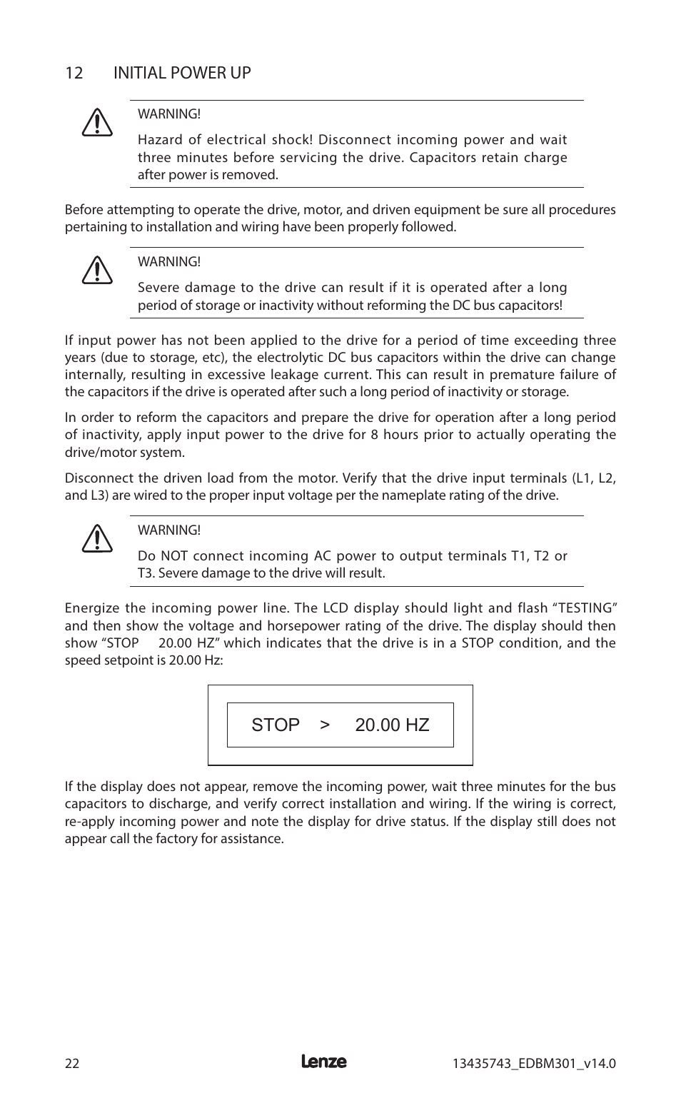 12 initial power up, Stop > 20.00 hz | Lenze MC3000 Series User Manual | Page 26 / 84