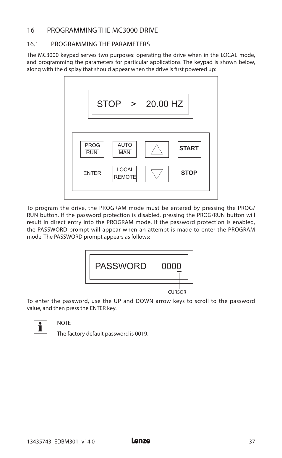 Stop > 20.00 hz, Password 0000 | Lenze MC3000 Series User Manual | Page 41 / 84
