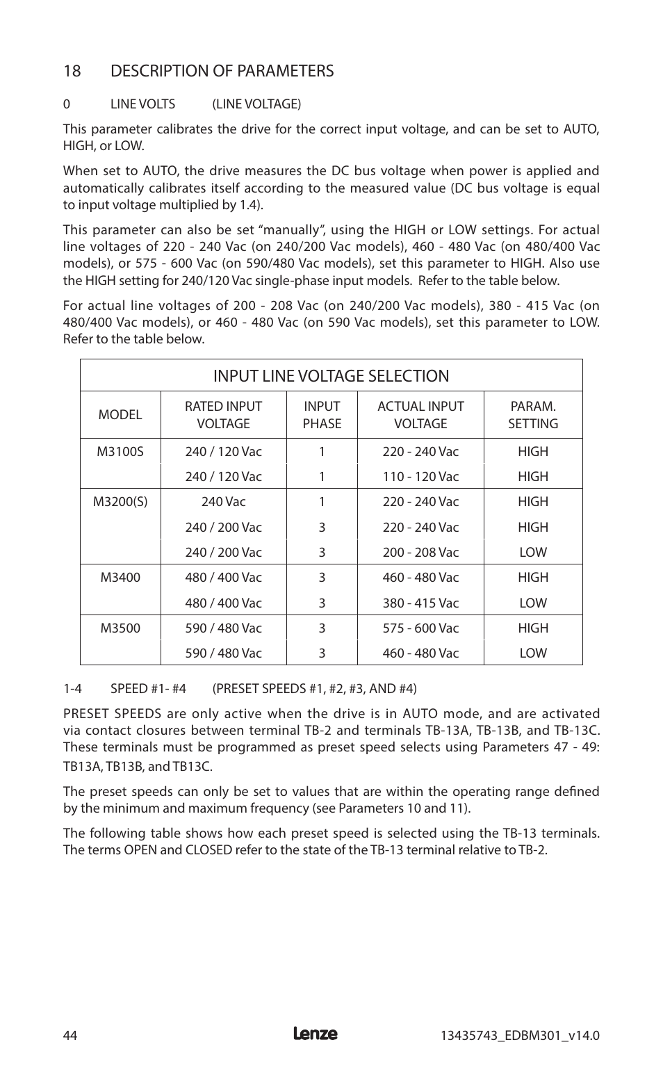 18 description of parameters, Input line voltage selection | Lenze MC3000 Series User Manual | Page 48 / 84