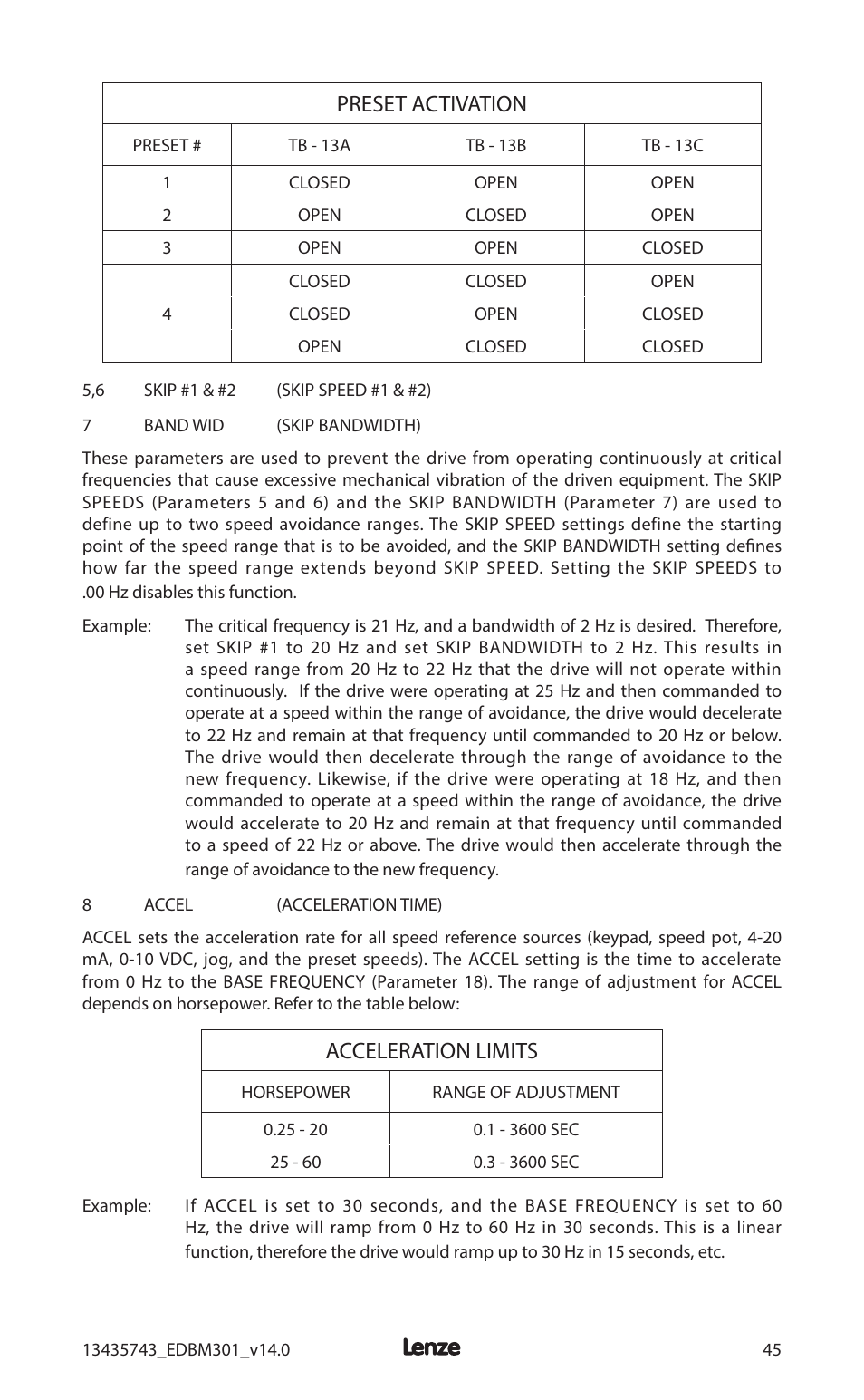 Preset activation, Acceleration limits | Lenze MC3000 Series User Manual | Page 49 / 84