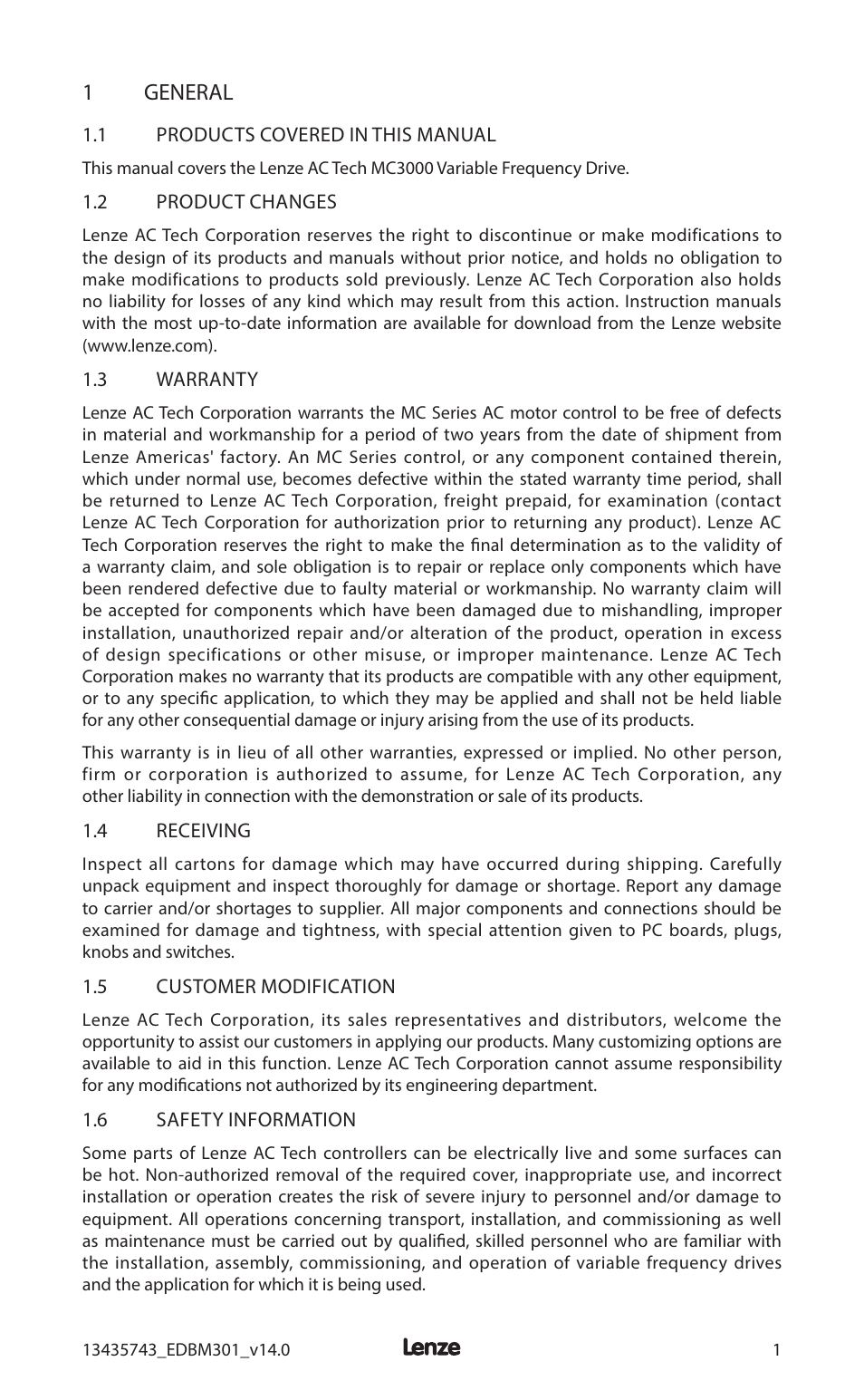 1 general | Lenze MC3000 Series User Manual | Page 5 / 84