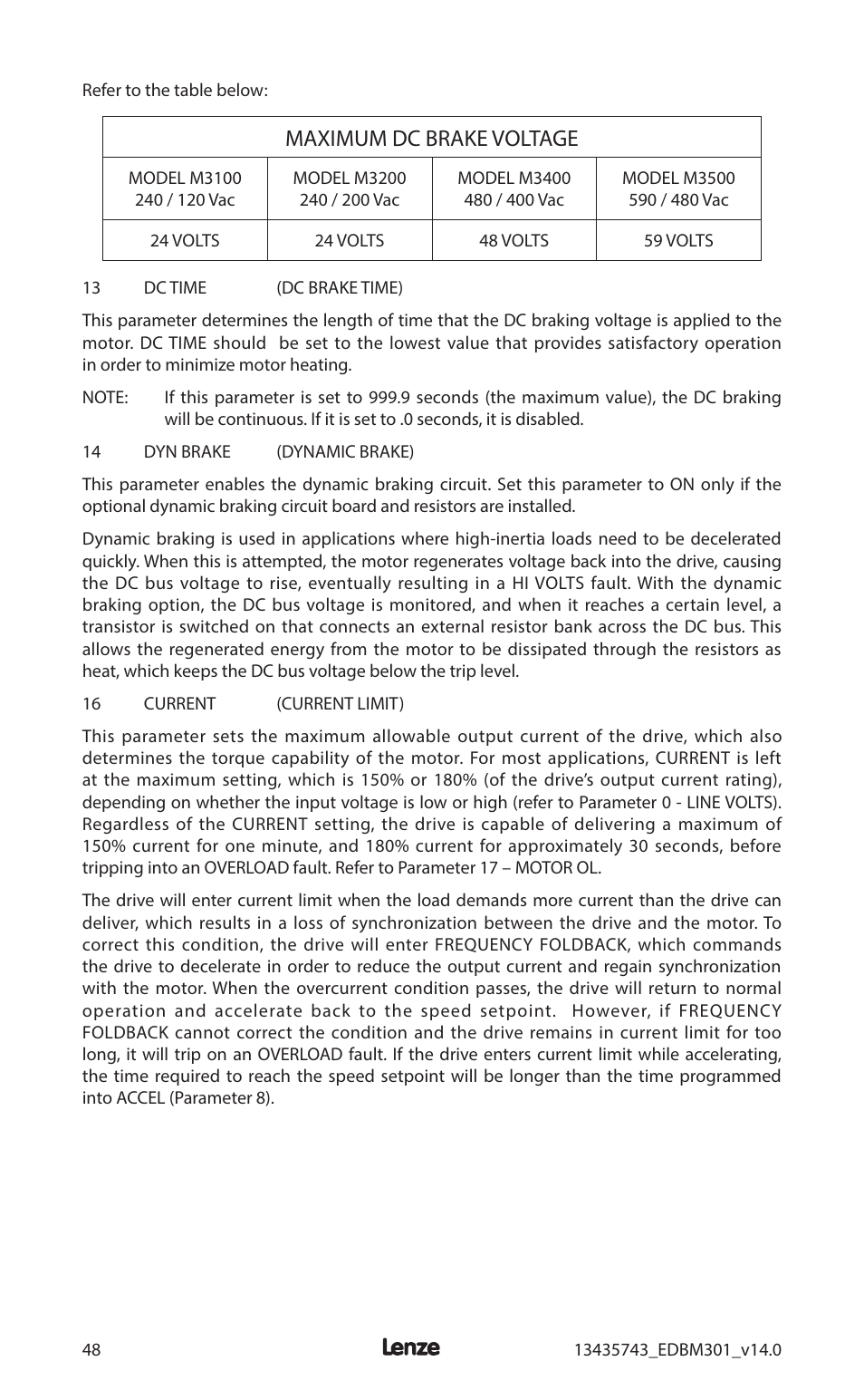 Maximum dc brake voltage | Lenze MC3000 Series User Manual | Page 52 / 84