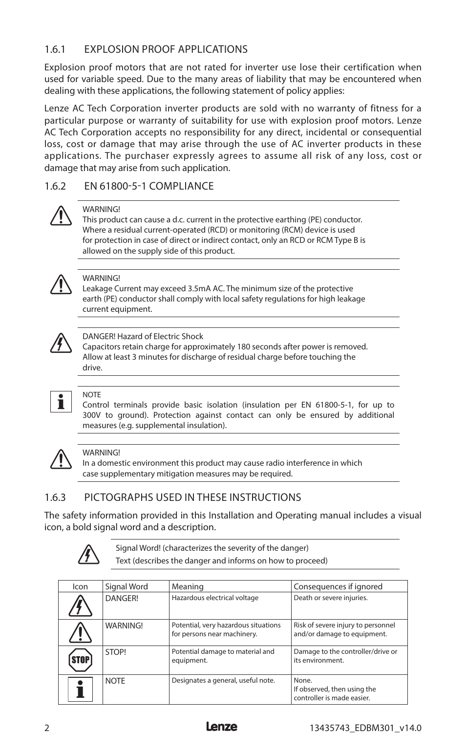 1 .6 .1 explosion proof applications, 1 .6 .3 pictographs used in these instructions | Lenze MC3000 Series User Manual | Page 6 / 84